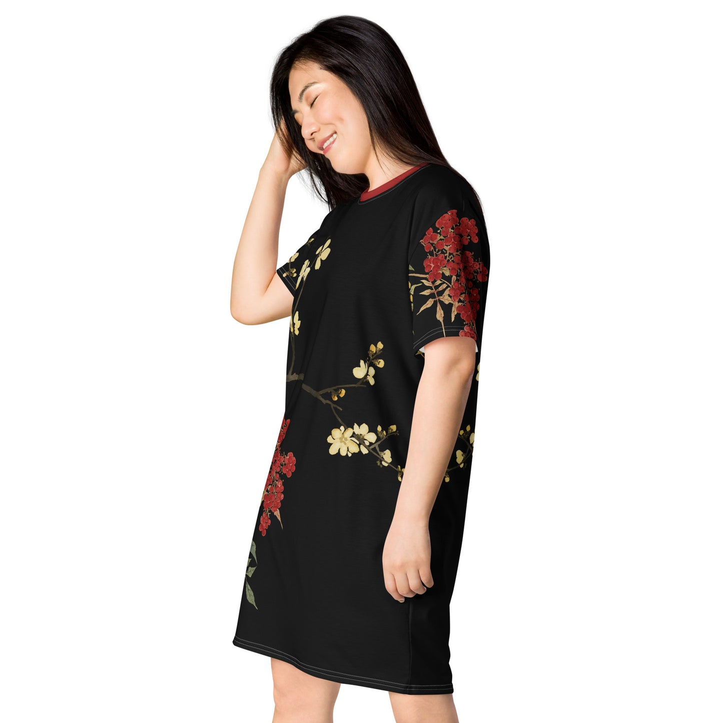 The Spirit of Flowers in Twelve Months｜Blooming Wintersweet and Heavenly Bamboo｜T-shirt dress｜Black