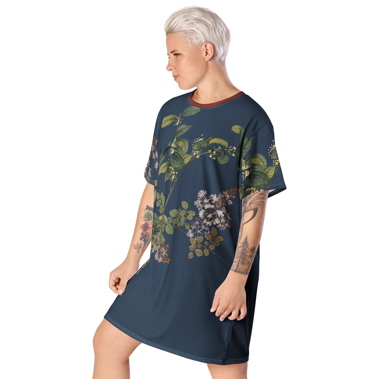 The Spirit of Flowers in Twelve Months｜Osmanthus and Crape Myrtle in Bloom｜T-shirt dress｜Dark blue