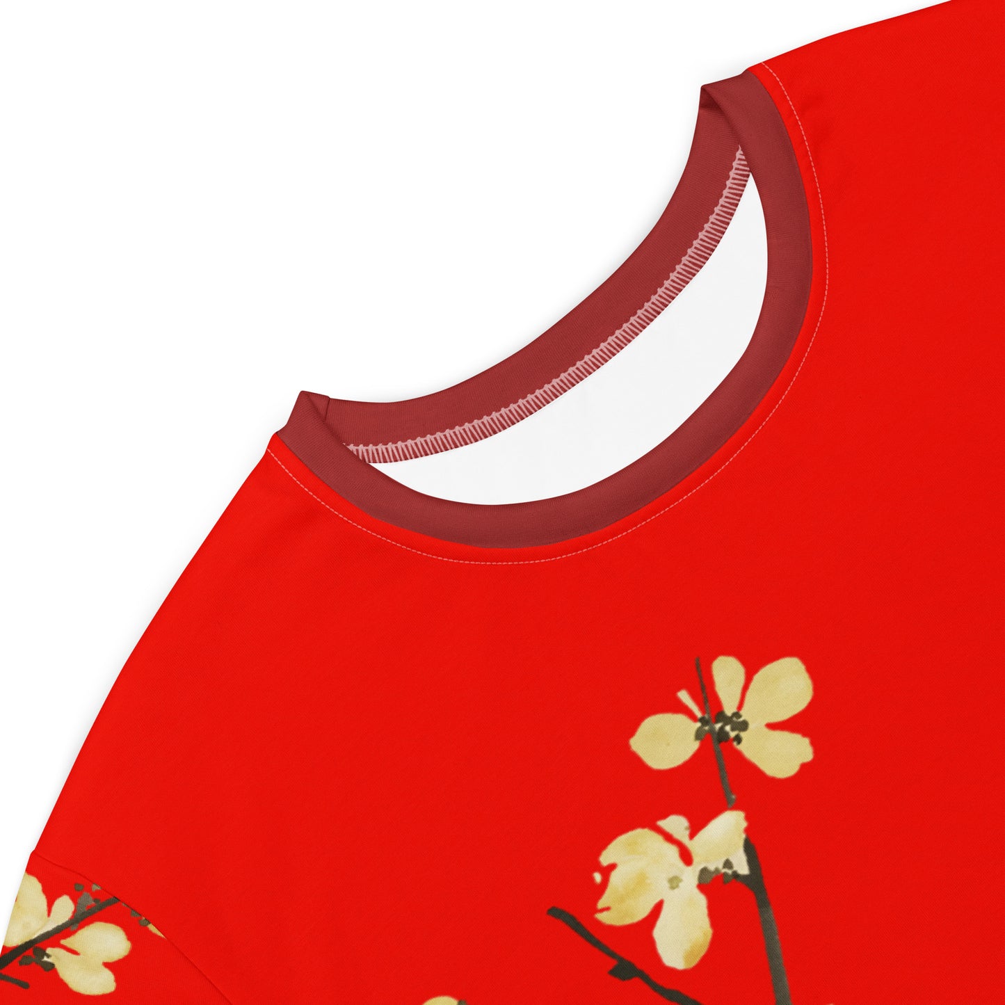 The Spirit of Flowers in Twelve Months｜Blooming Wintersweet and Heavenly Bamboo｜T-shirt dress｜Garnet red