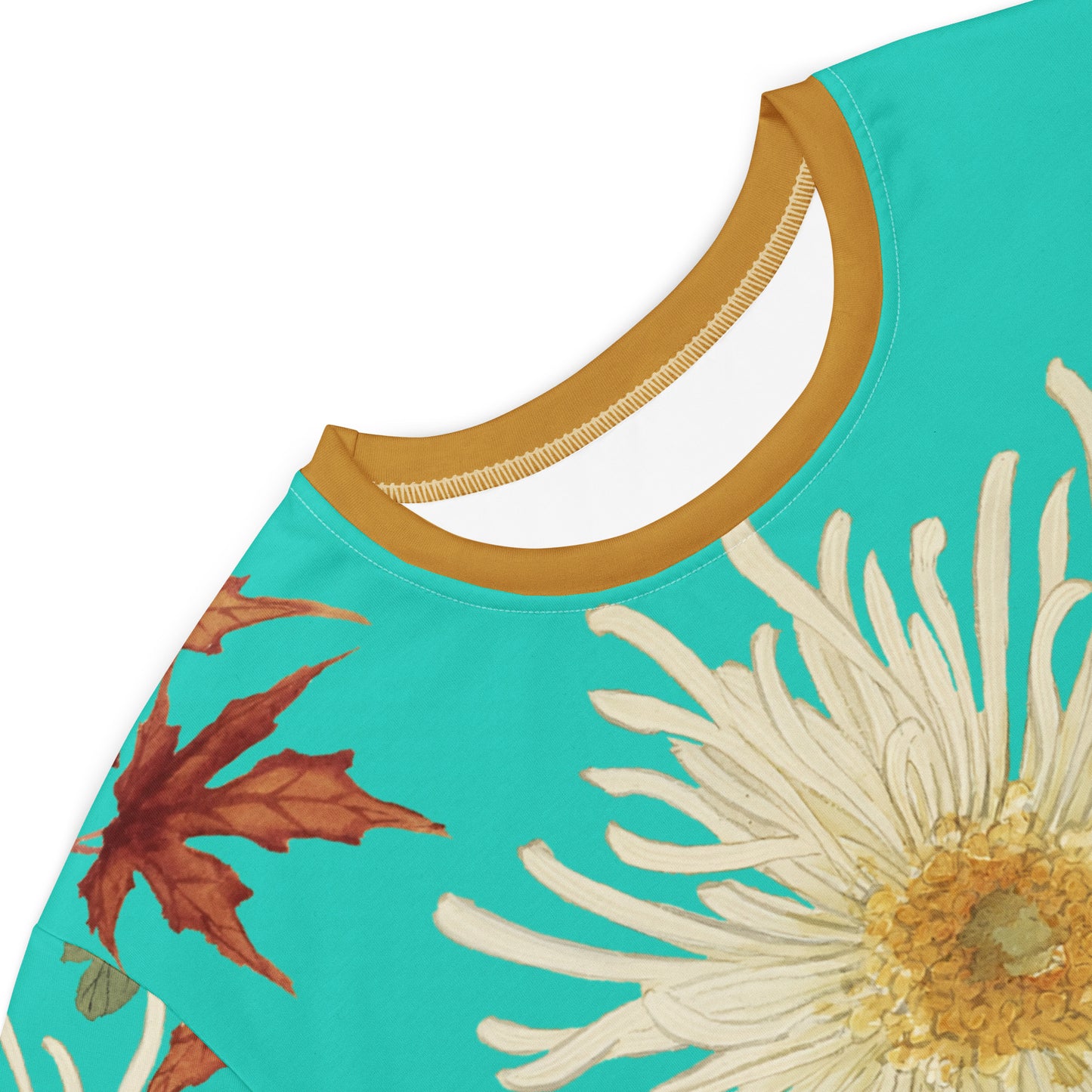 The Spirit of Flowers in Twelve Months｜Blooming Chrysanthemum and Maple Leaves｜T-shirt dress｜Turquoise