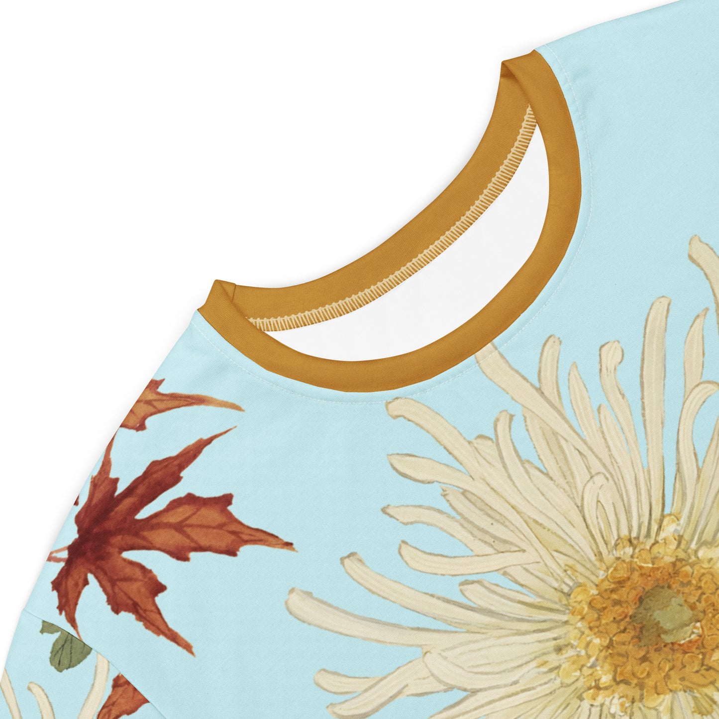 The Spirit of Flowers in Twelve Months｜Blooming Chrysanthemum and Maple Leaves｜T-shirt dress｜Aqua blue