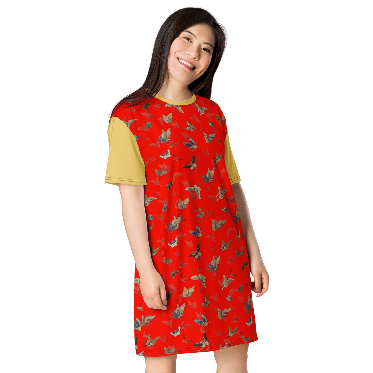 Butterfly dancing｜T-shirt dress｜Garnet red