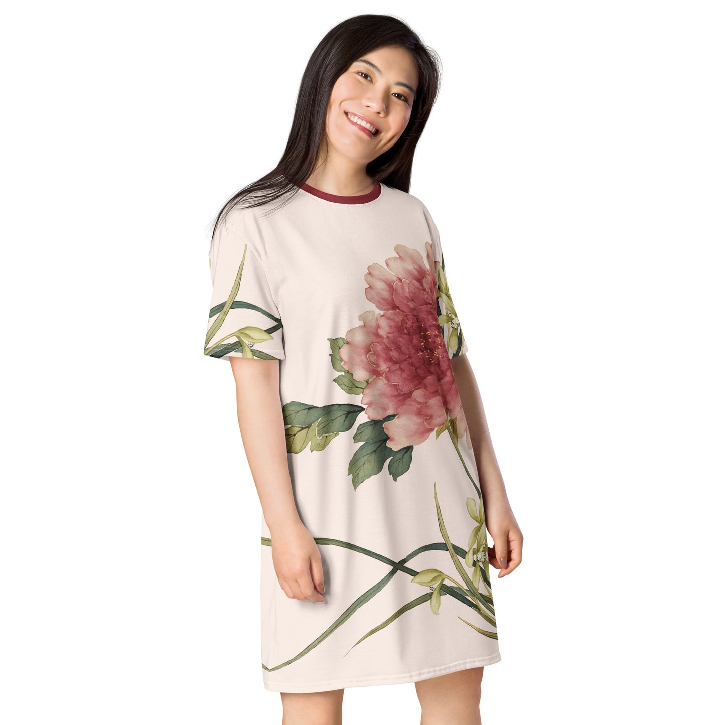 The Spirit of Flowers in Twelve Months｜Orchid and Tree Peony in Bloom｜T-shirt dress｜Fish belly white