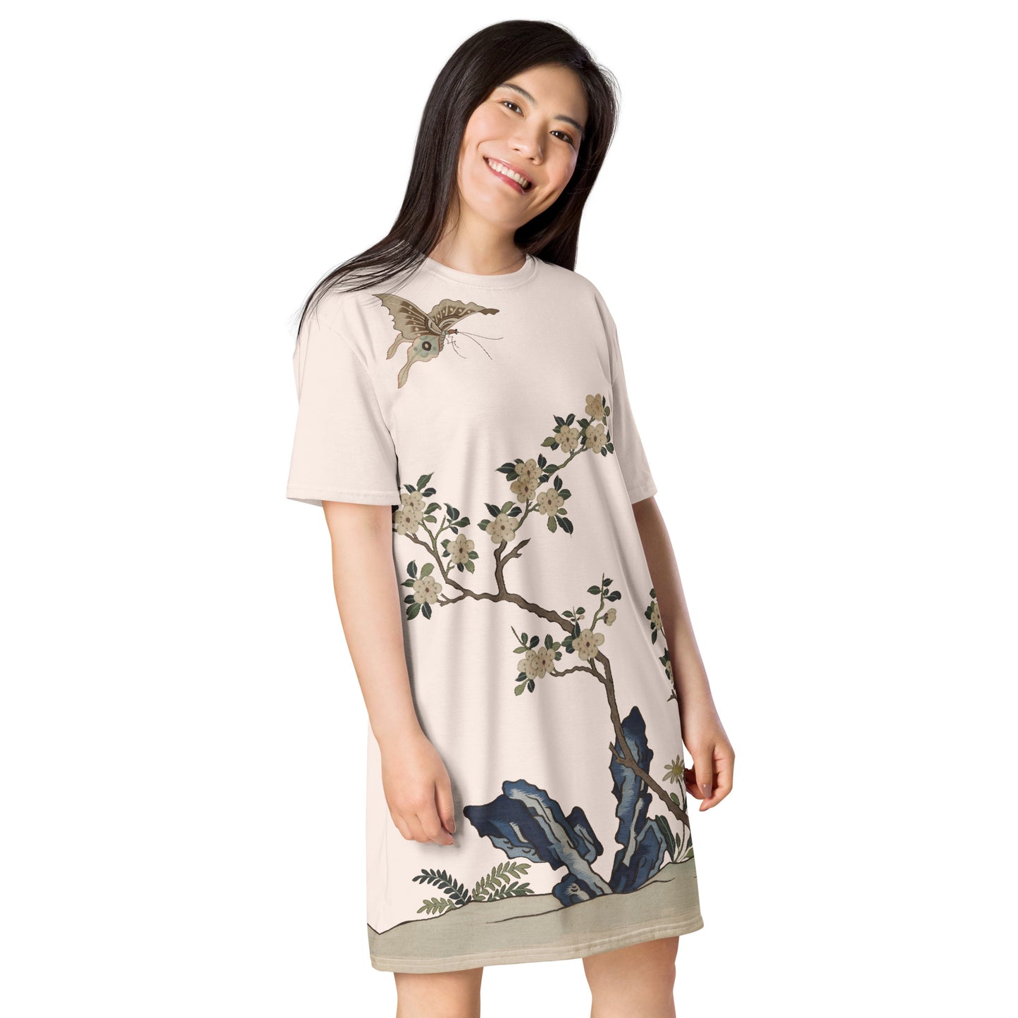 Kesi Flower Album｜White Plum Blossoms and Butterfly｜T-shirt dress｜Fish belly white