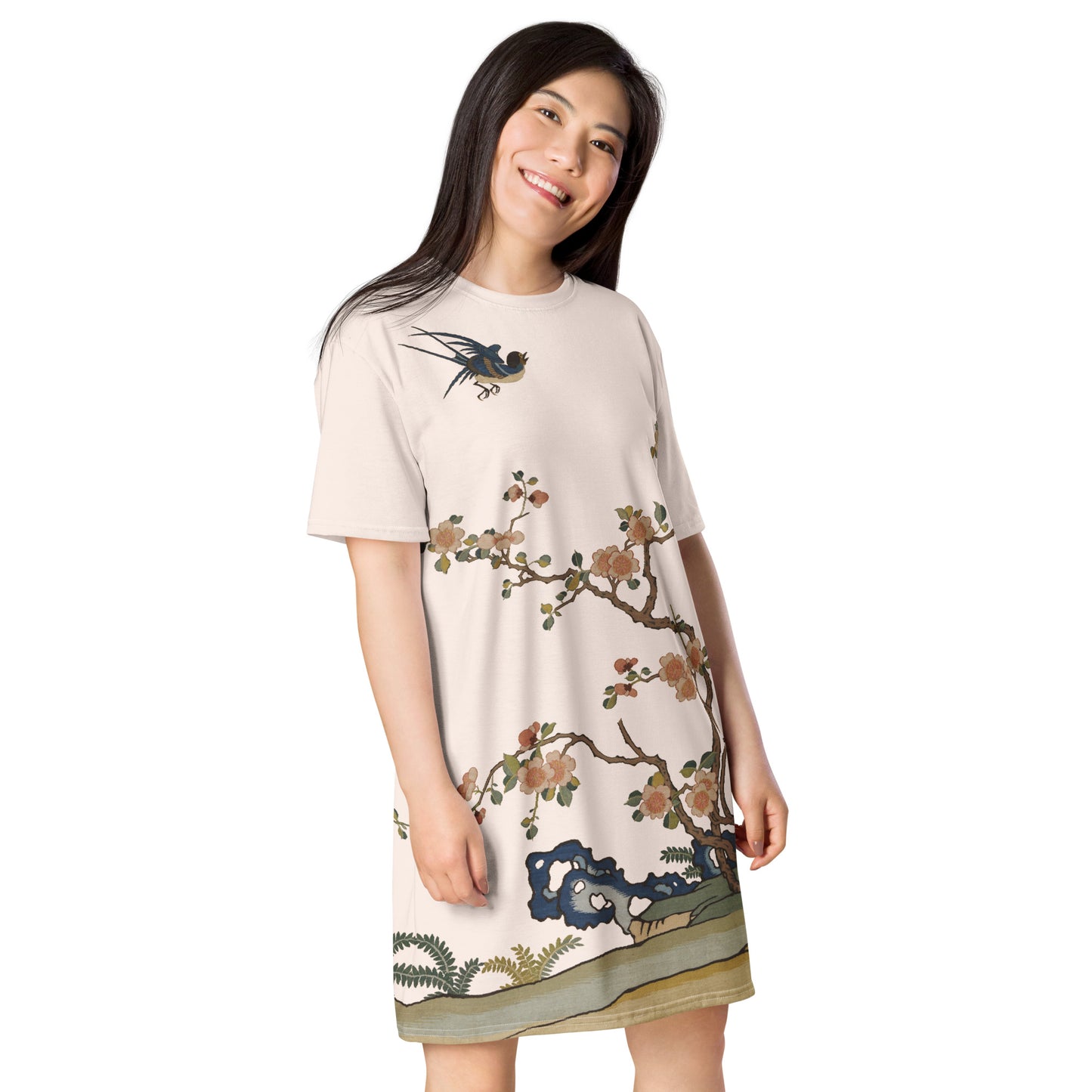 Kesi Flower Album｜Swallow in Flight, Harbinger of Spring｜Tシャツワンピース｜フィッシュベリーホワイト