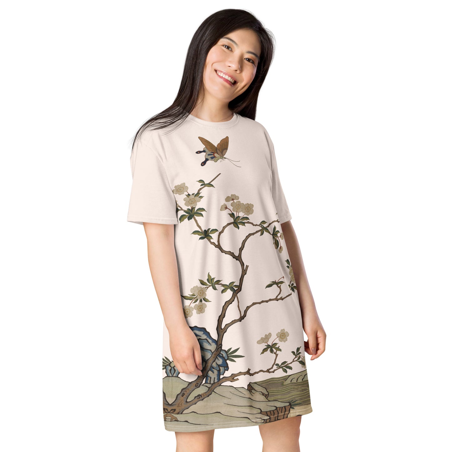 Kesi Flower Album｜白梅と蝶｜Tシャツワンピース｜魚の腹白