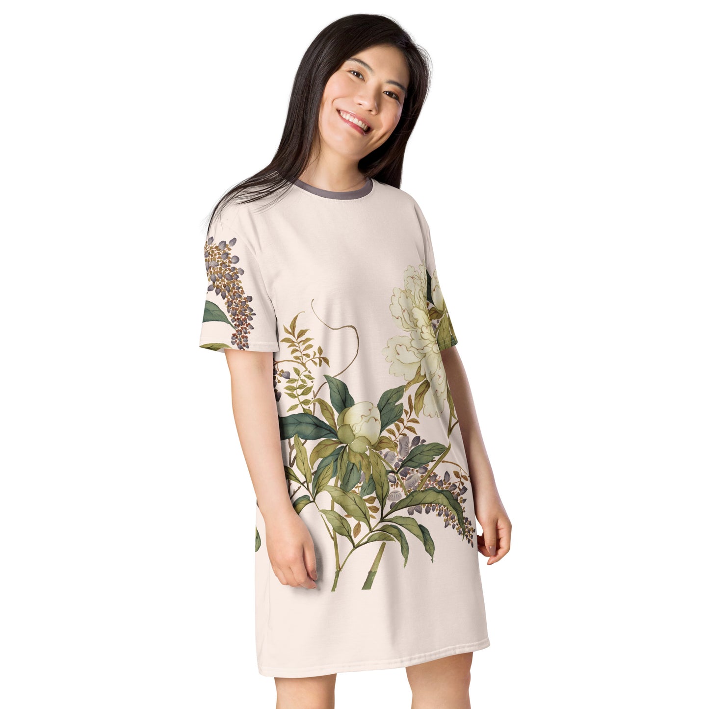 The Spirit of Flowers in Twelve Months｜Chinese Peony and Wisteria in Bloom｜T-shirt dress｜Fish belly white