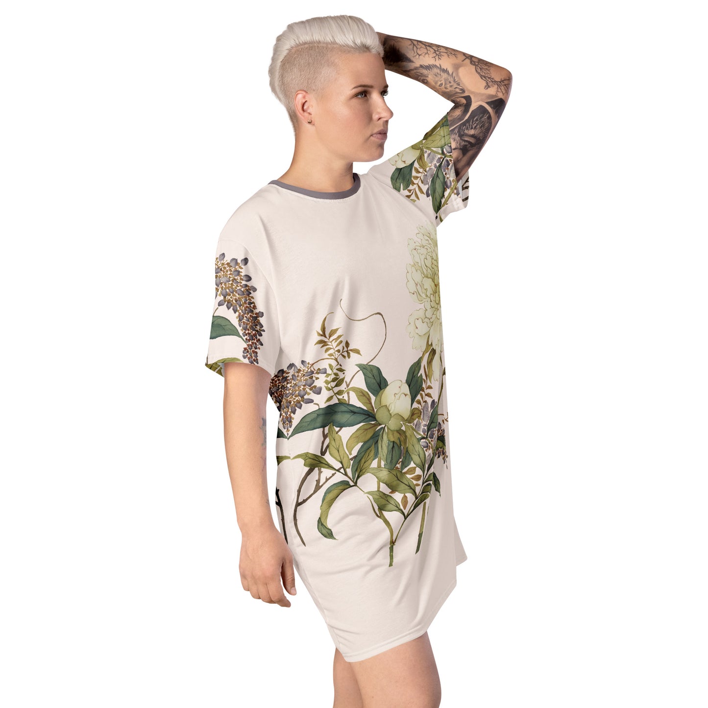 The Spirit of Flowers in Twelve Months｜Chinese Peony and Wisteria in Bloom｜T-shirt dress｜Fish belly white