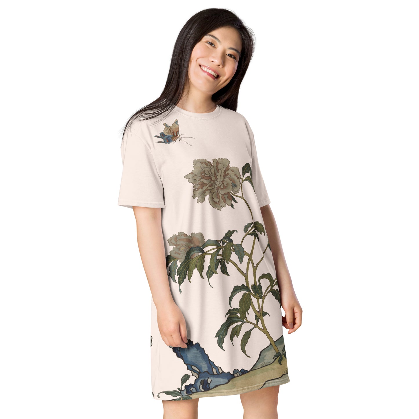 Kesi Flower Album｜Peonies and Butterfly｜T-shirt dress｜Fish belly white