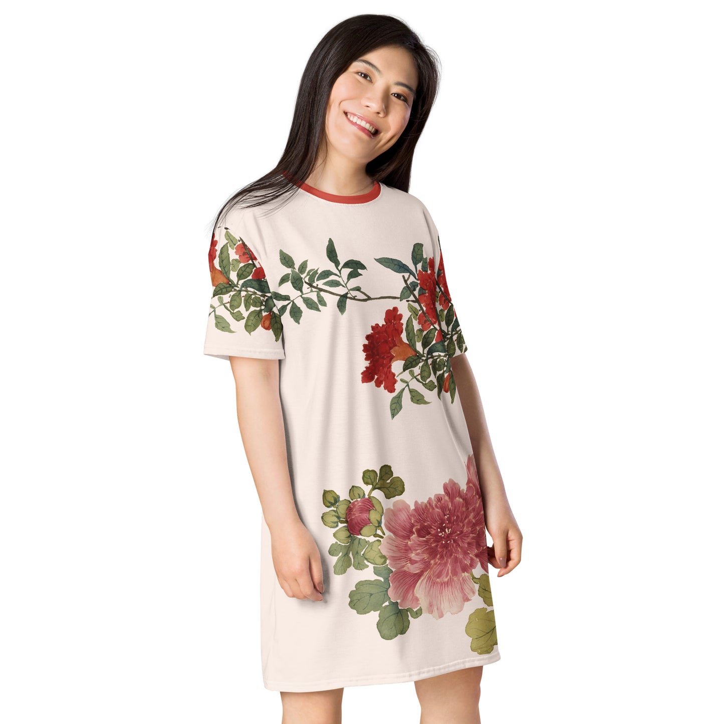 The Spirit of Flowers in Twelve Months｜Hollyhock and Pomegranate in Bloom｜T-shirt dress｜Fish belly white