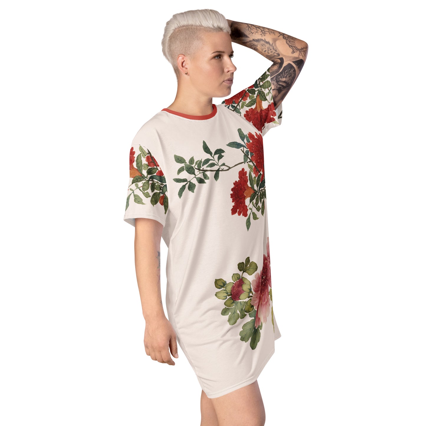 The Spirit of Flowers in Twelve Months｜Hollyhock and Pomegranate in Bloom｜T-shirt dress｜Fish belly white