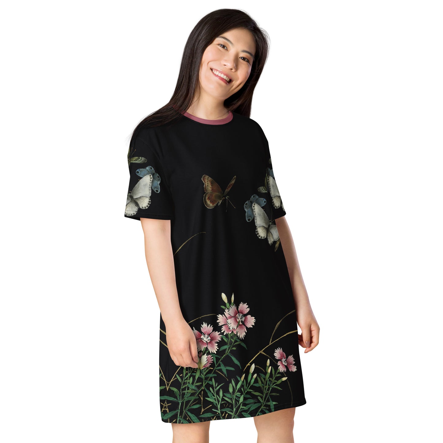 Cats And Butterflies Of Longevity｜Butterflies and the Blooming Red-flowered Catchfly｜T-shirt dress｜Fish belly white