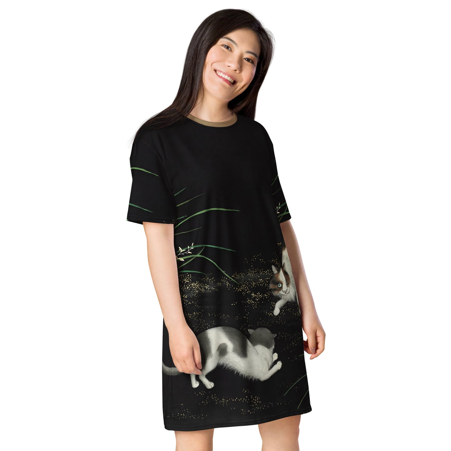 Cats And Butterflies Of Longevity｜Two Cats amidst the Orchids in Bloom｜T-shirt dress