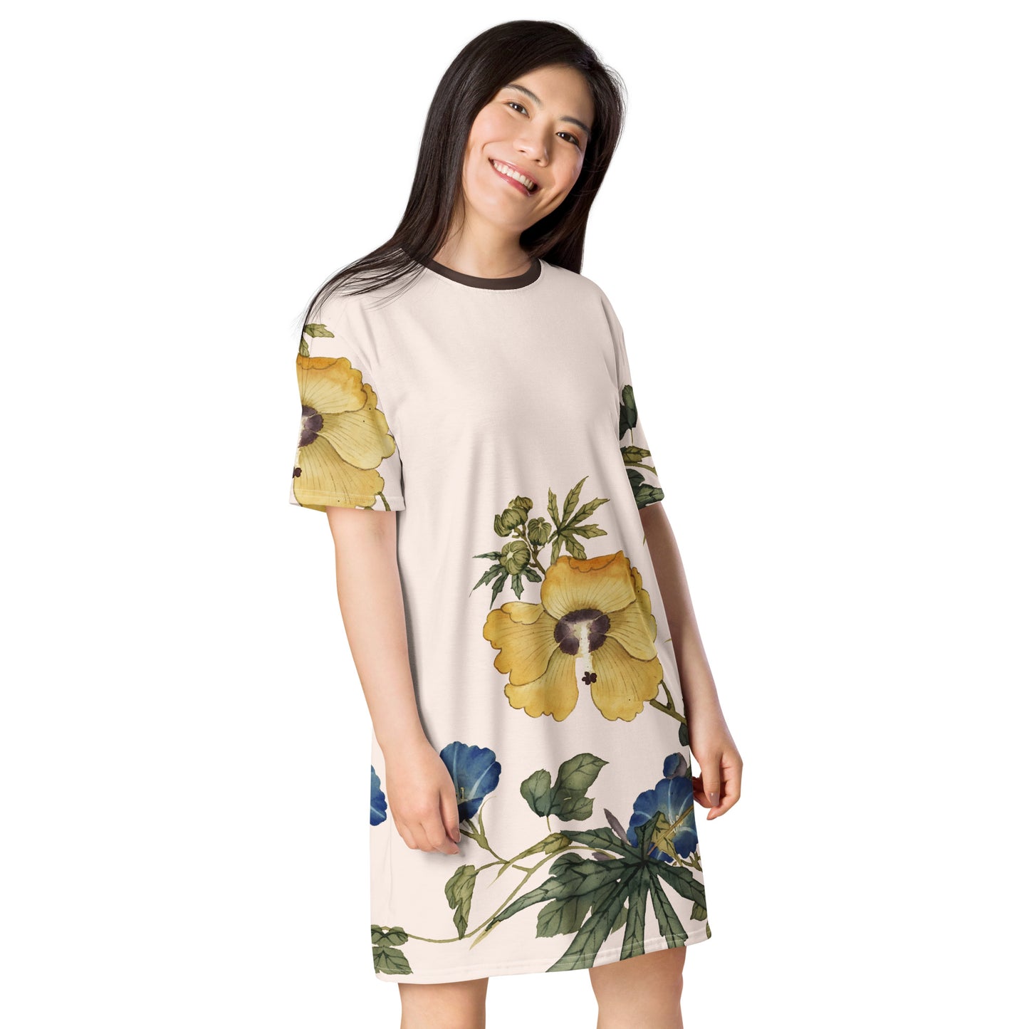 The Spirit of Flowers in Twelve Months｜Okra and White-edged Morning Glory in Bloom｜T-shirt dress｜Fish belly white