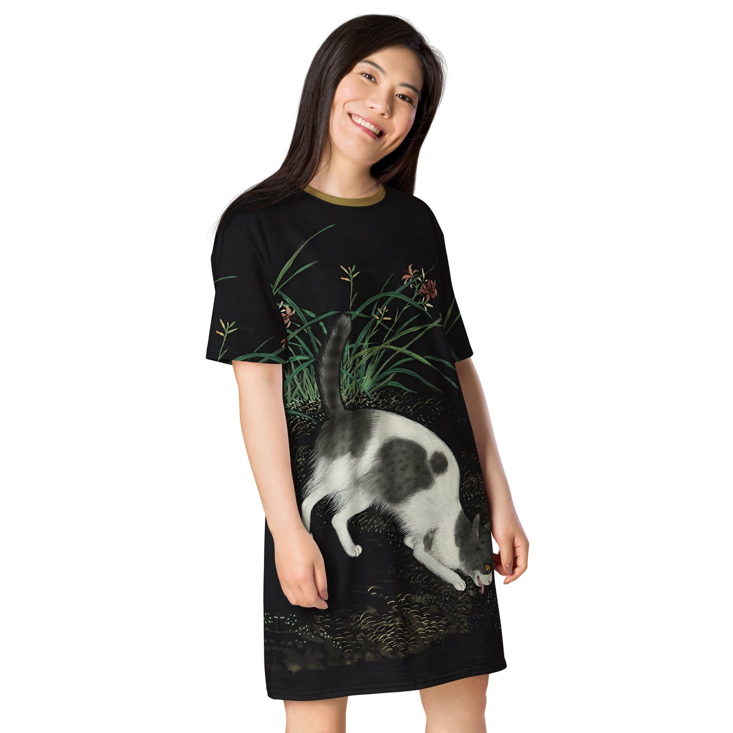 Cats And Butterflies Of Longevity｜A Cat by the Blooming Orange Daylily｜T-shirt dress