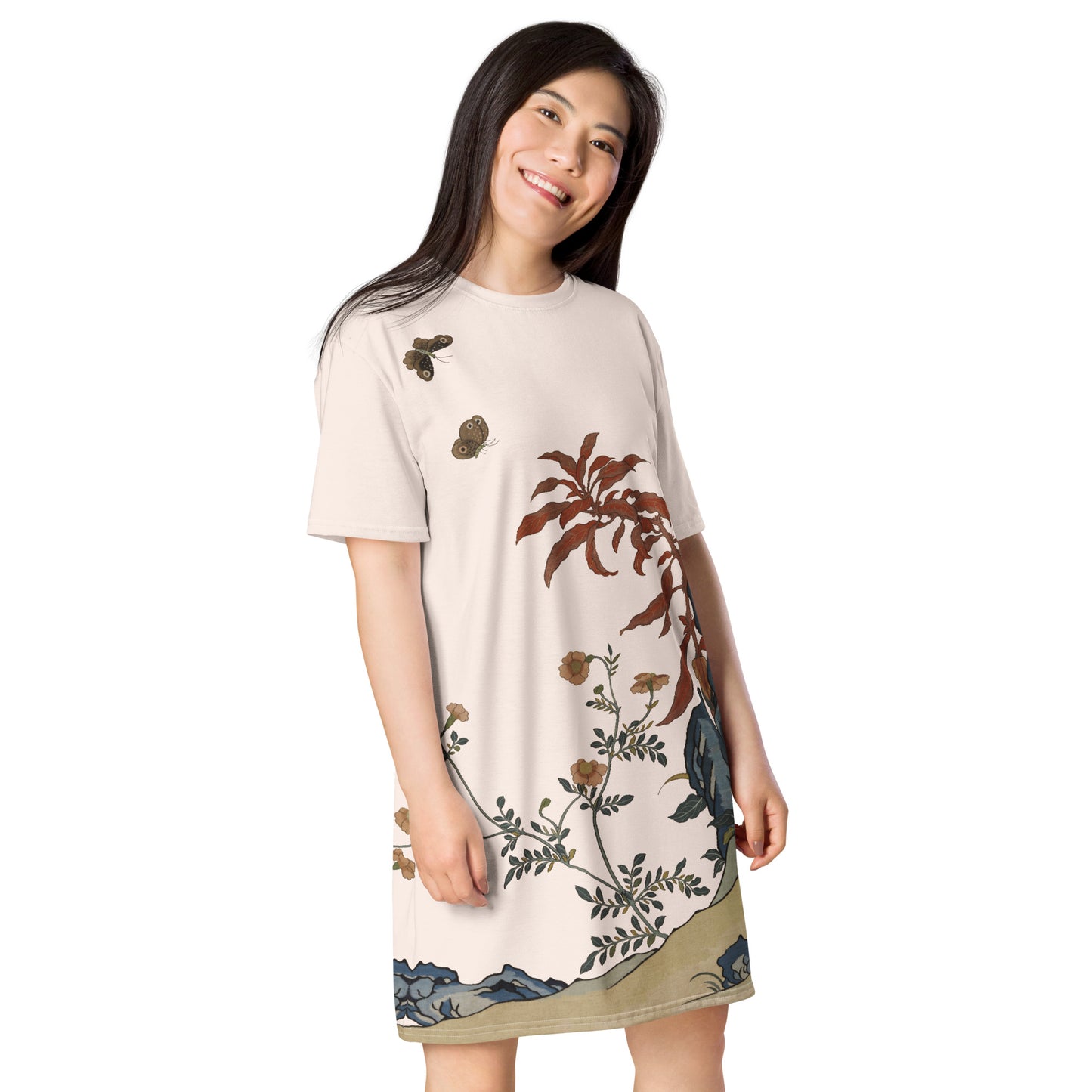 Kesi Flower Album｜Butterflies and Flowers｜T-shirt dress｜Fish belly white