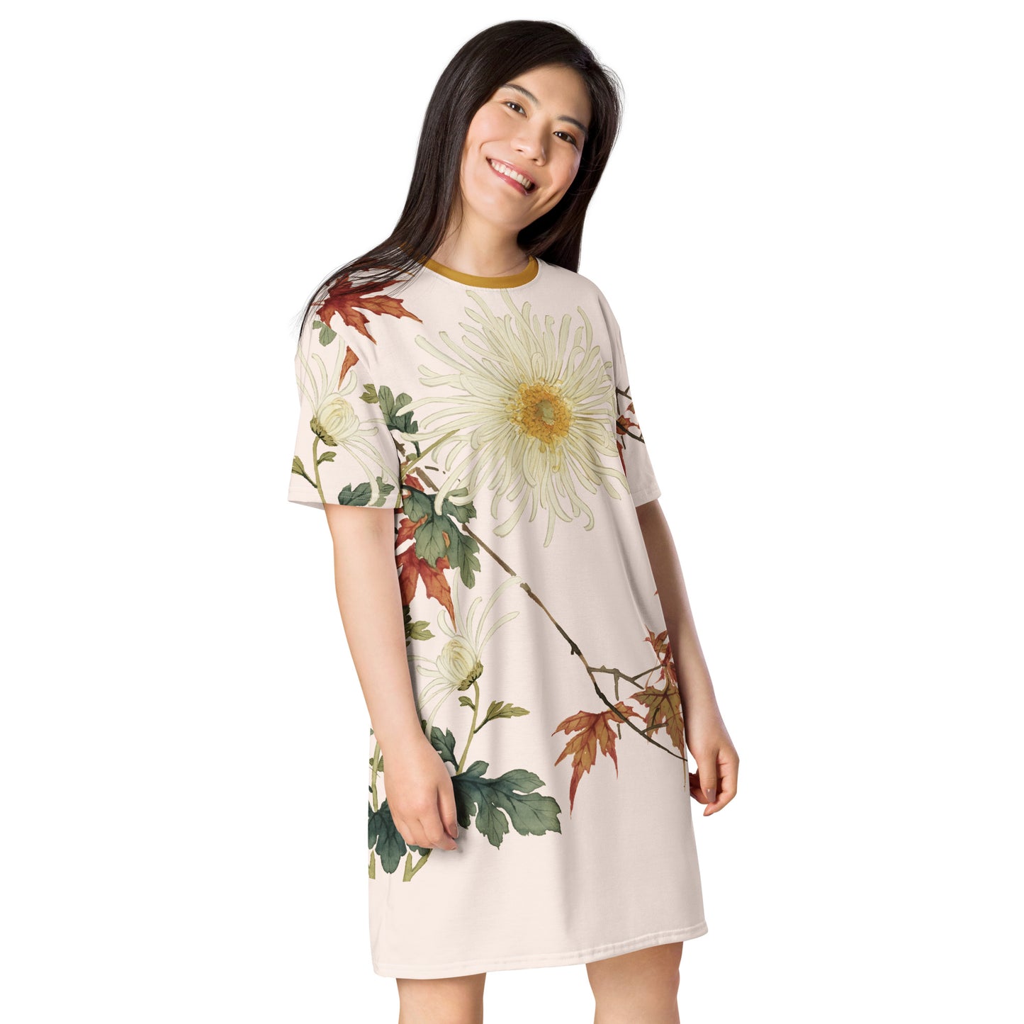 The Spirit of Flowers in Twelve Months｜Blooming Chrysanthemum and Maple Leaves｜T-shirt dress｜Fish belly white