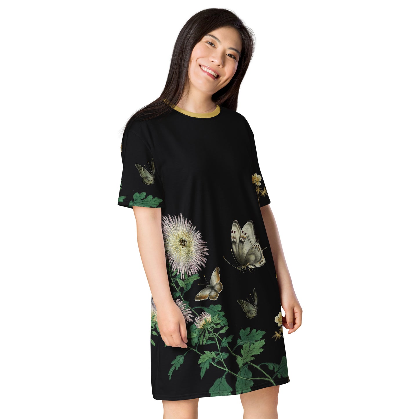 Cats And Butterflies Of Longevity｜Butterflies amidst the Blooming Chrysanthemum and Okra｜T-shirt dress