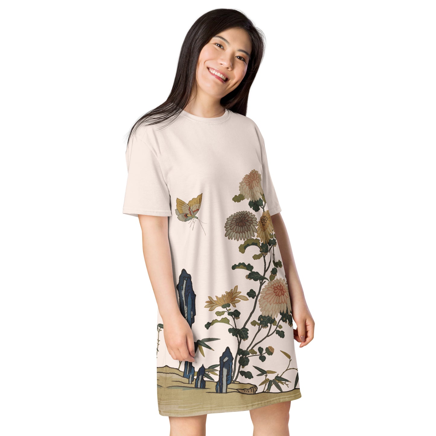 Kesi Flower Album｜Chrysanthemums and Butterflies｜T-shirt dress｜Fish belly white