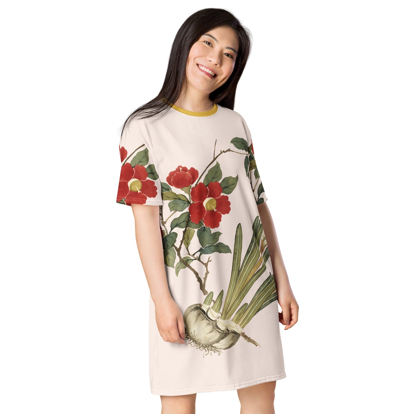 The Spirit of Flowers in Twelve Months｜Narcissus and Camelia in Bloom｜T-shirt dress｜Fish belly white