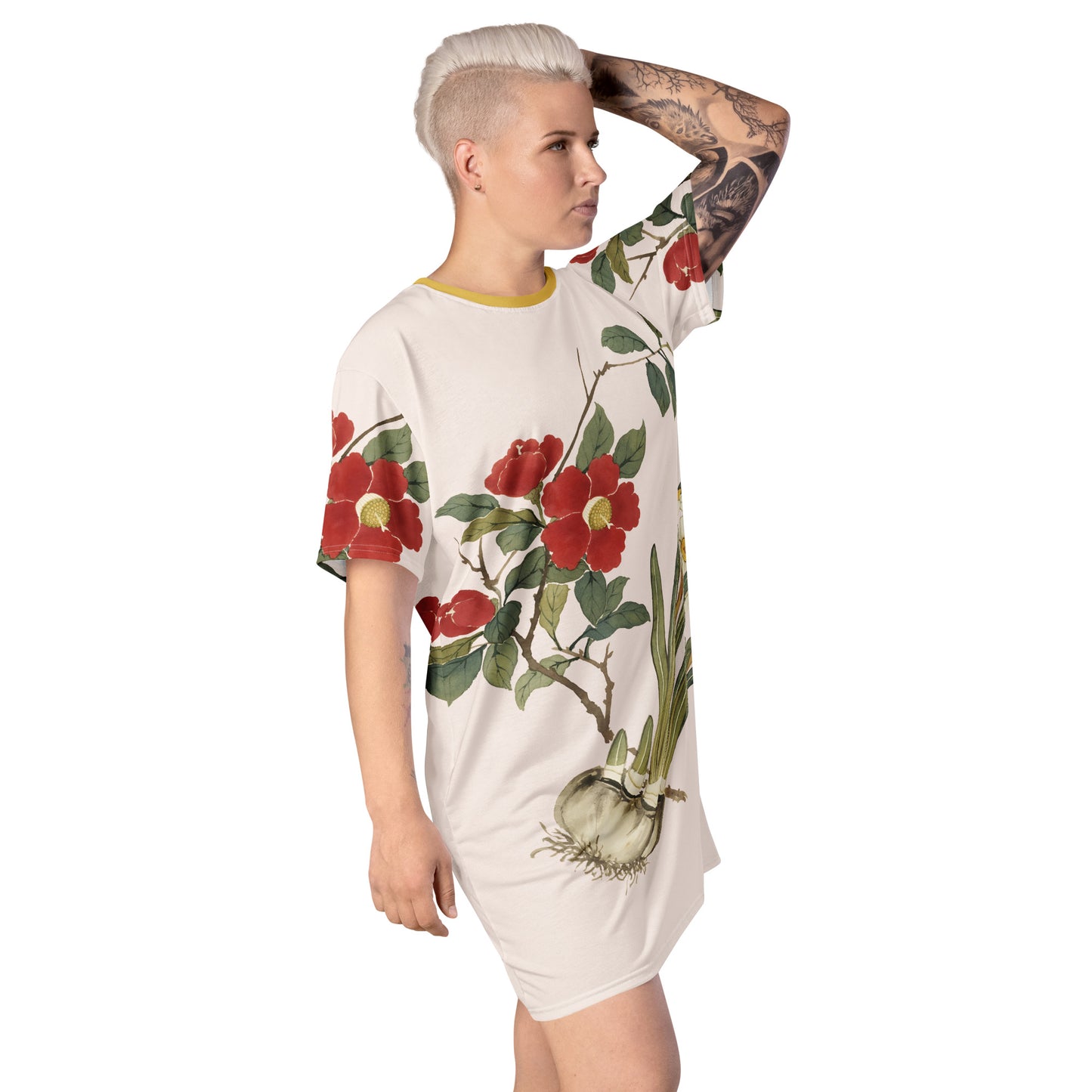 The Spirit of Flowers in Twelve Months｜Narcissus and Camelia in Bloom｜T-shirt dress｜Fish belly white