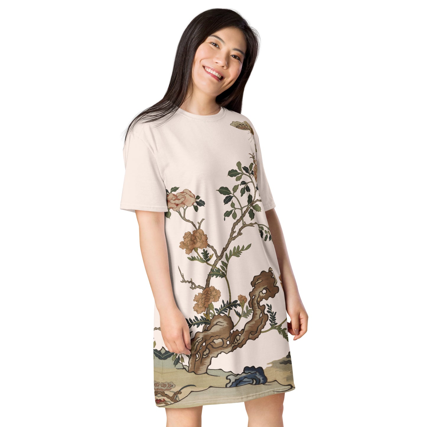 Kesi Flower Album｜Camellia and Butterfly｜T-shirt dress｜Fish belly white