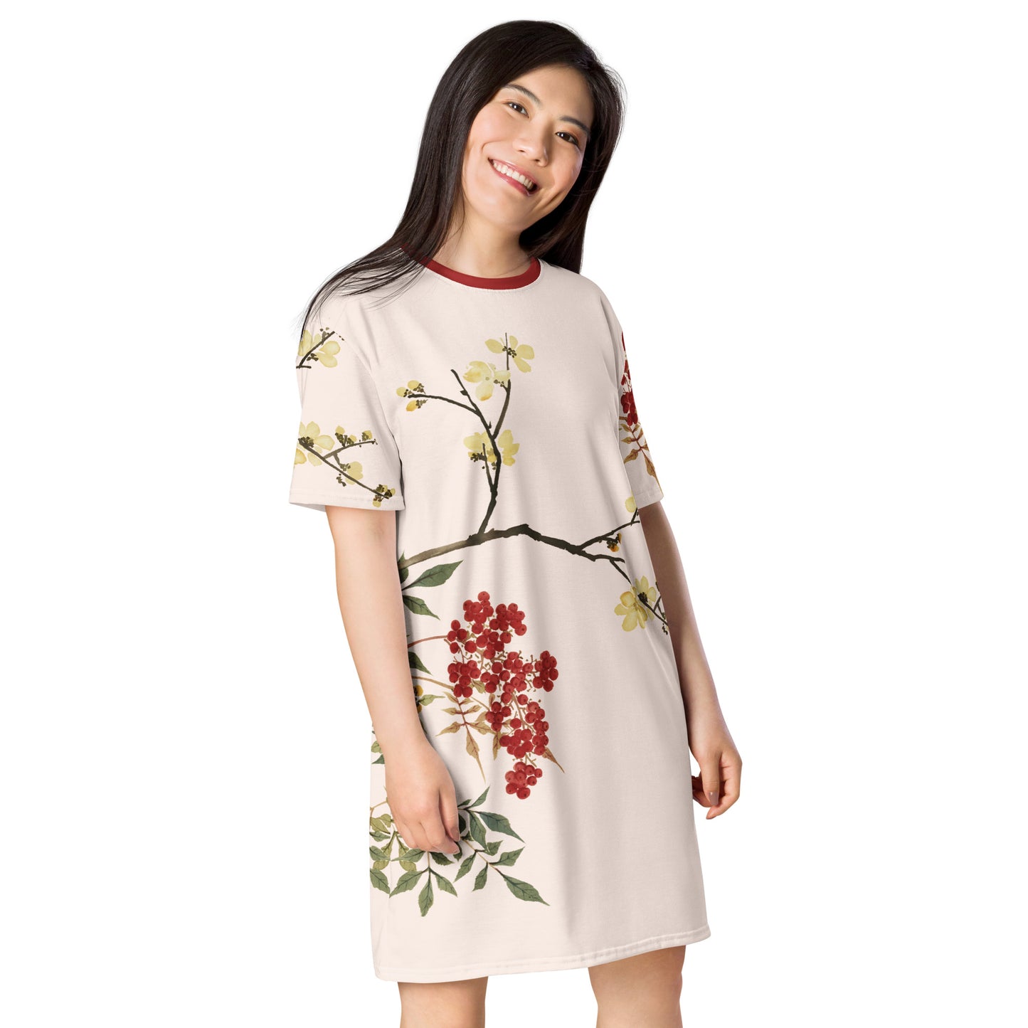 The Spirit of Flowers in Twelve Months｜Blooming Wintersweet and Heavenly Bamboo｜T-shirt dress｜Fish belly white