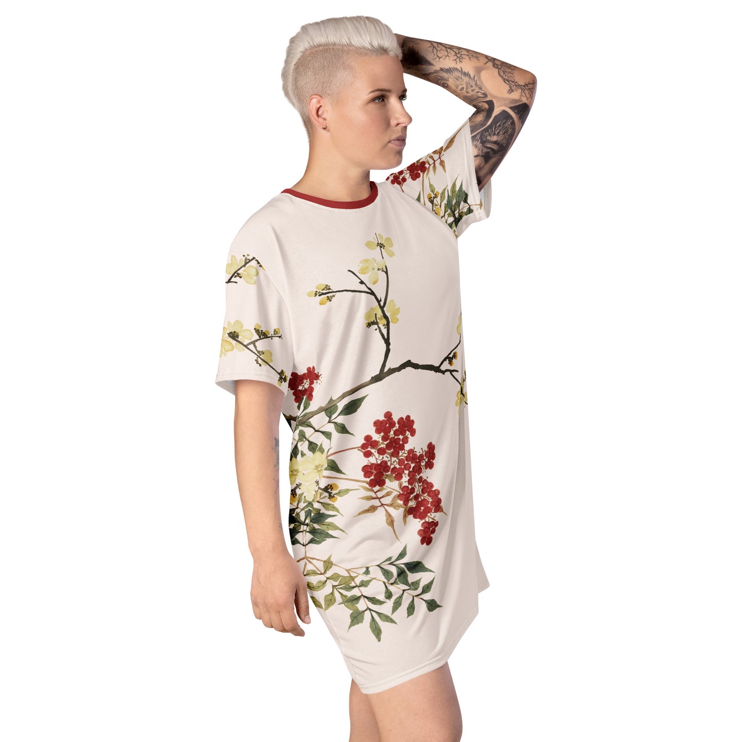 The Spirit of Flowers in Twelve Months｜Blooming Wintersweet and Heavenly Bamboo｜T-shirt dress｜Fish belly white