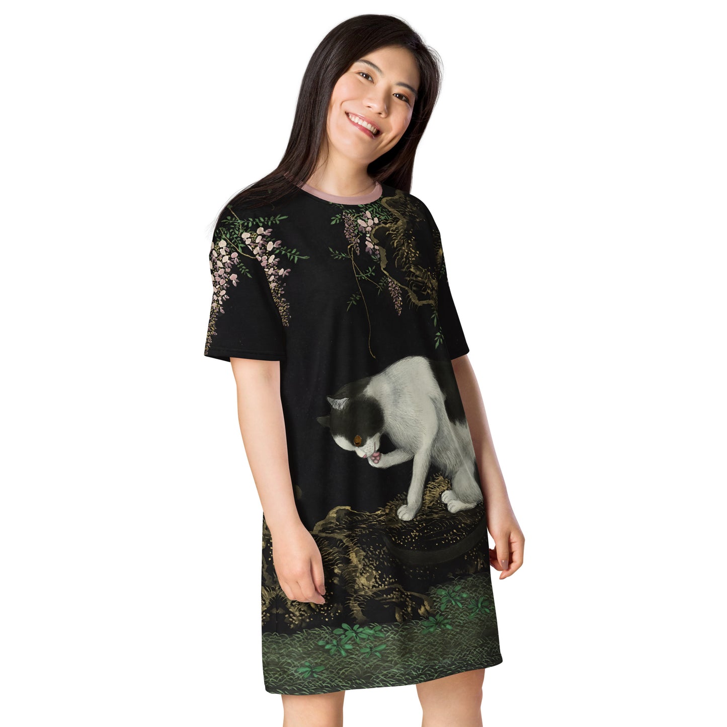 Cats And Butterflies Of Longevity｜A Cat by the Blooming Wisteria｜T-shirt dress