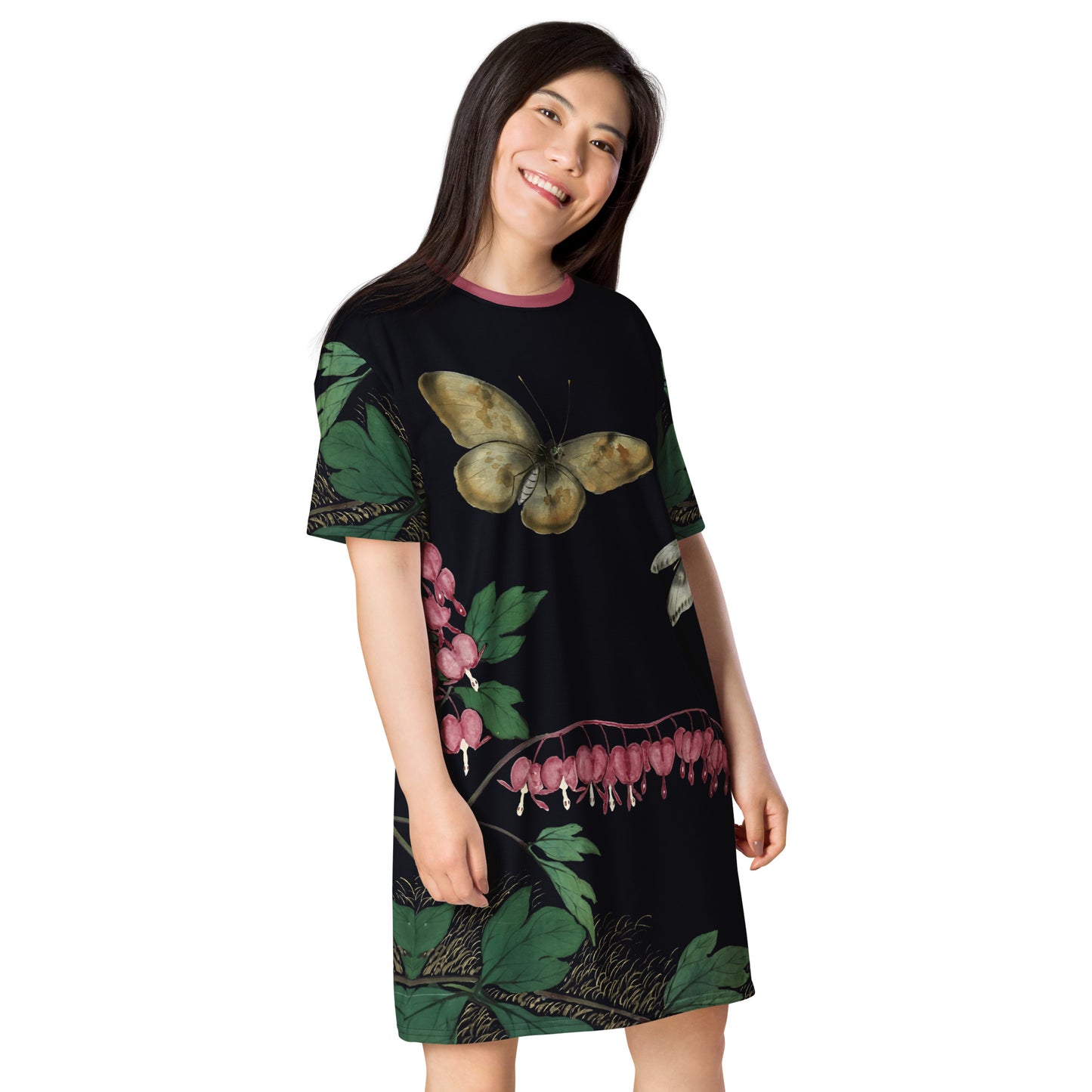 Cats And Butterflies Of Longevity｜Butterflies and Bleeding Hearts in Bloom｜T-shirt dress