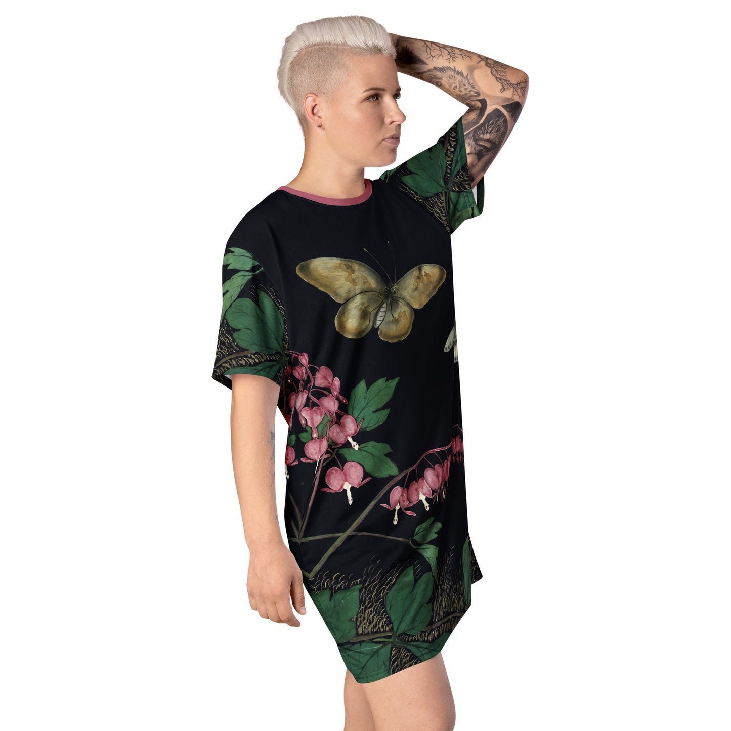 Cats And Butterflies Of Longevity｜Butterflies and Bleeding Hearts in Bloom｜T-shirt dress