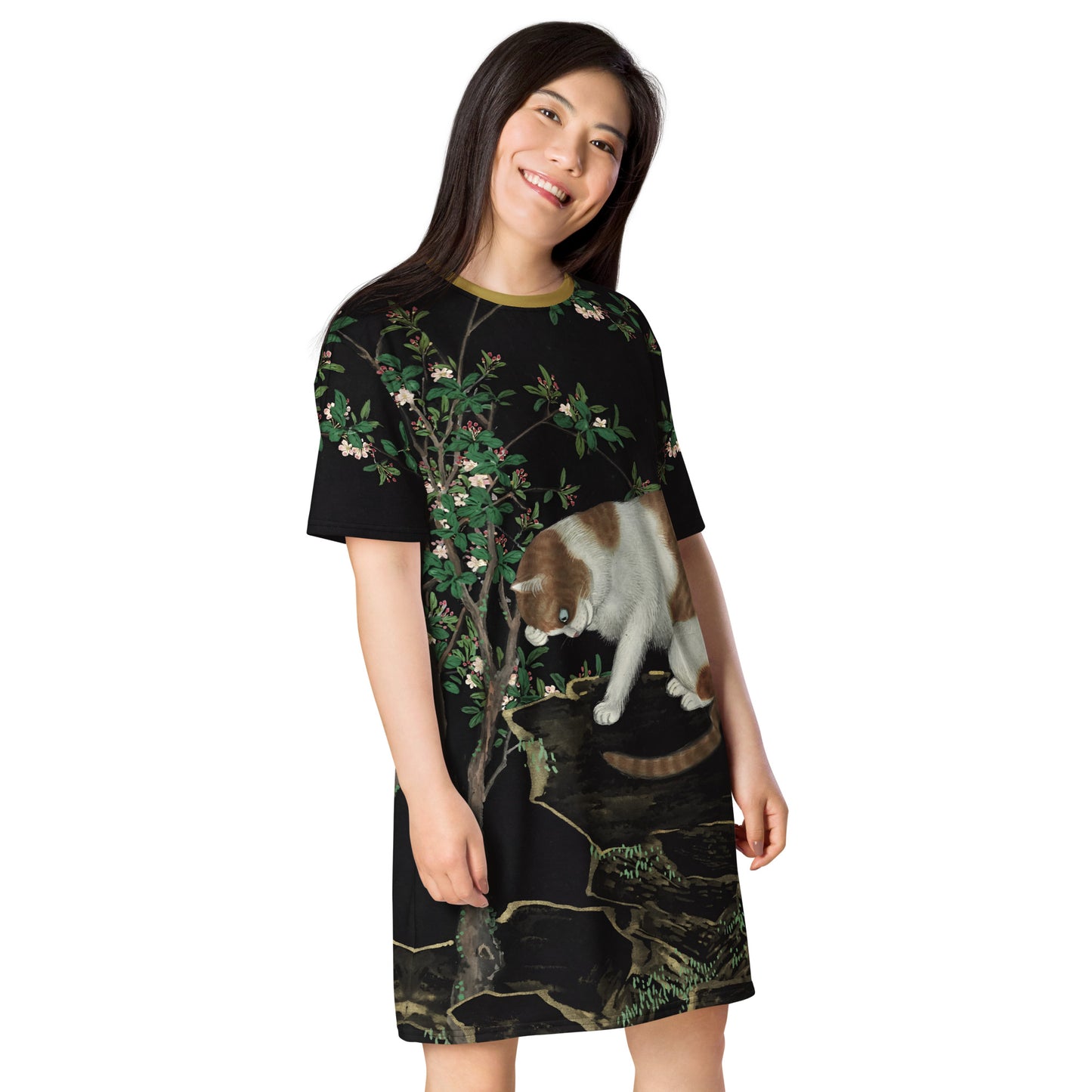 Cats And Butterflies Of Longevity｜A Cat by the Crab Apple Trees in Blossom｜T-shirt dress