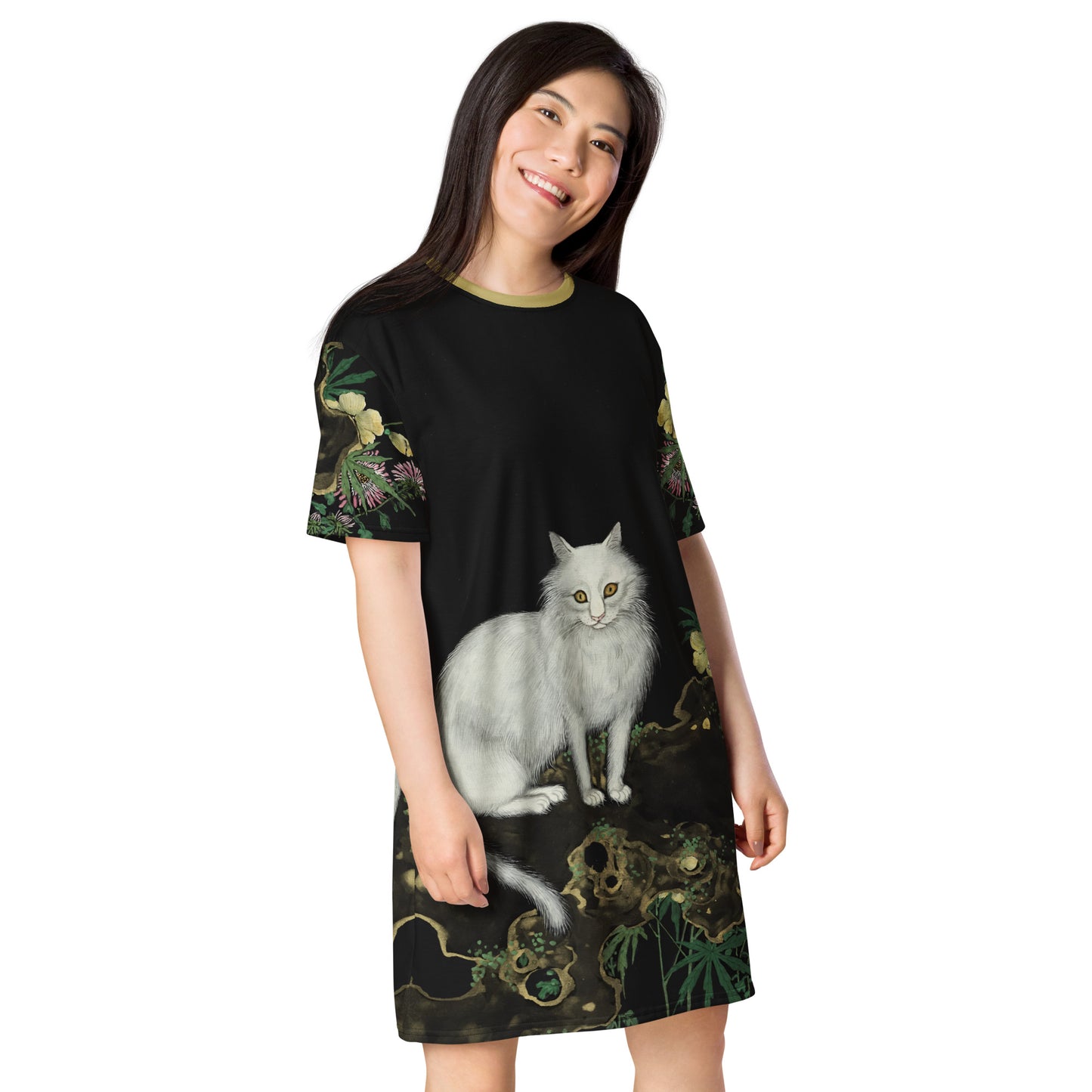 Cats And Butterflies Of Longevity｜A Cat amidst the Blooming Chrysanthemum and Okra｜T-shirt dress