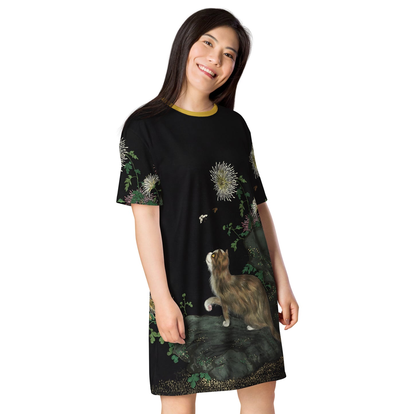 Cats And Butterflies Of Longevity｜A Cat amidst the Chrysanthemum in Bloom｜T-shirt dress