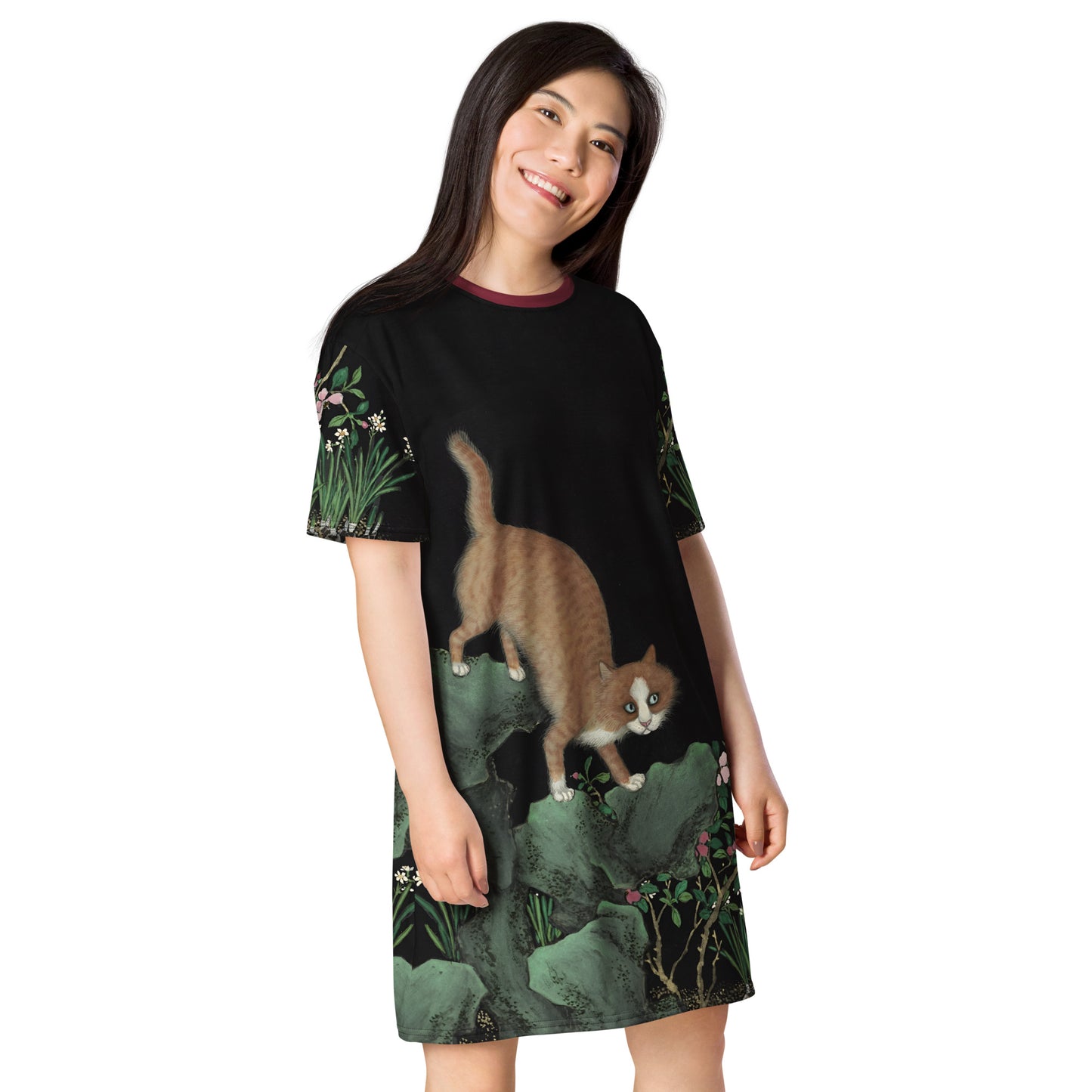 Cats And Butterflies Of Longevity｜A Cat by the Narcissus in Bloom｜T-shirt dress