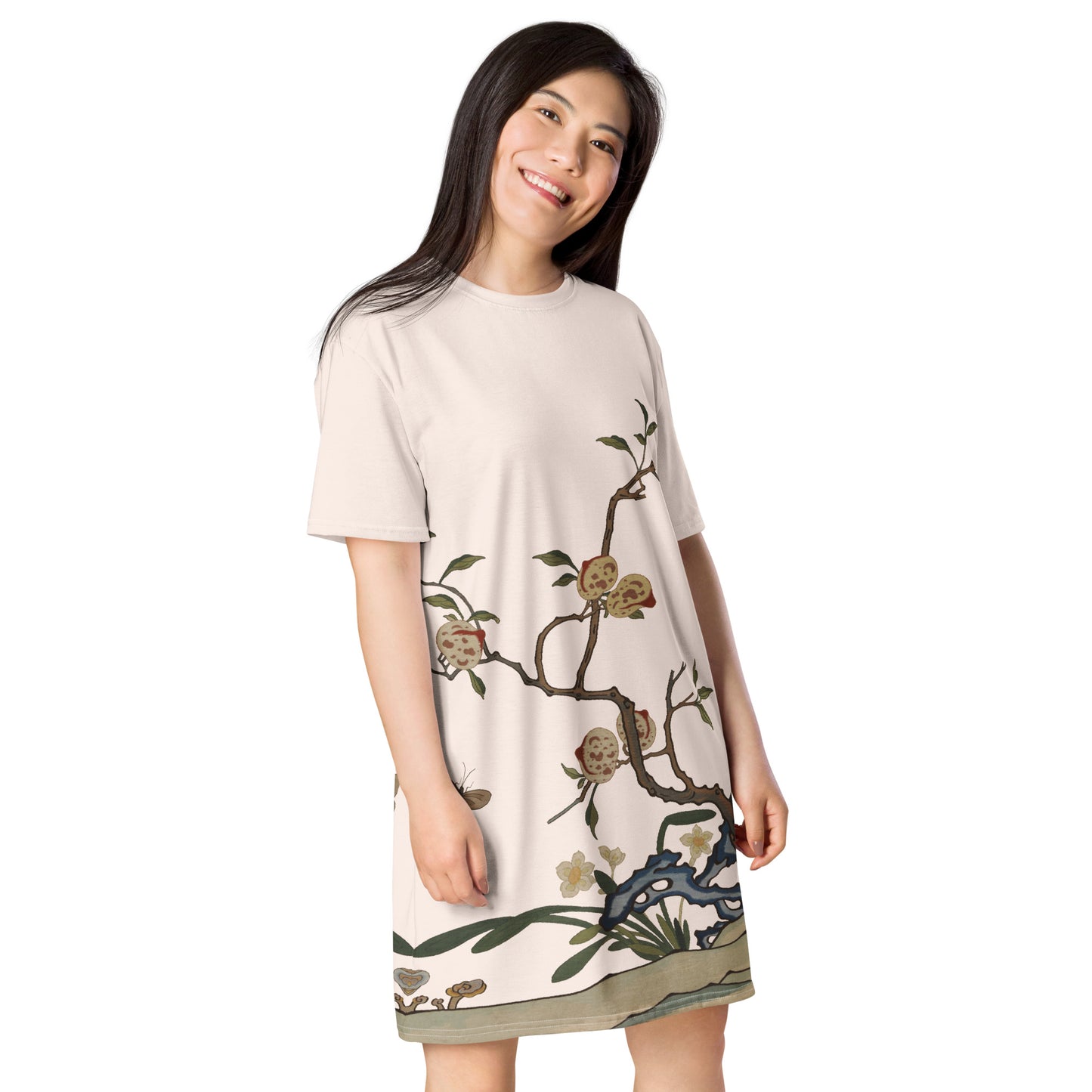 Kesi Flower Album｜Narcissus and Peaches｜T-shirt dress｜Fish belly white