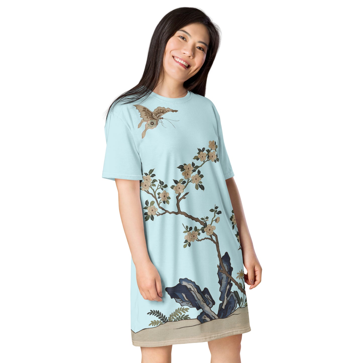 Kesi Flower Album｜White Plum Blossoms and Butterfly｜T-shirt dress｜Aqua blue