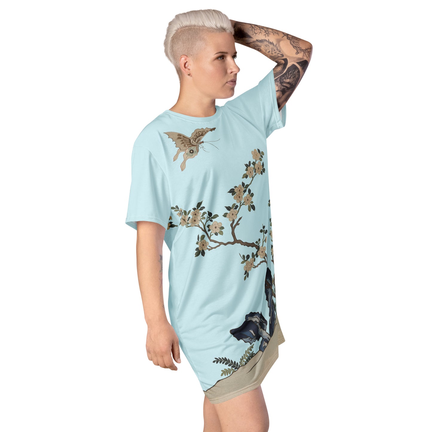 Kesi Flower Album｜White Plum Blossoms and Butterfly｜T-shirt dress｜Aqua blue