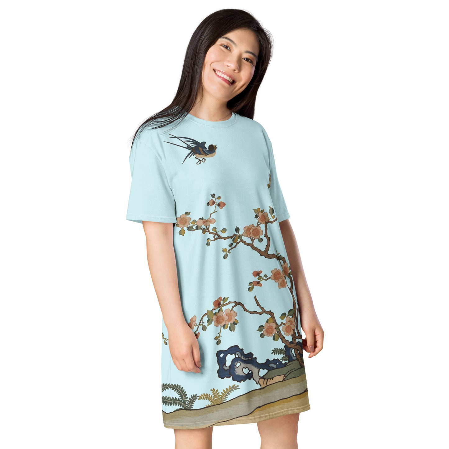 Kesi Flower Album｜Swallow in Flight, Harbinger of Spring｜T-shirt dress｜Aqua blue