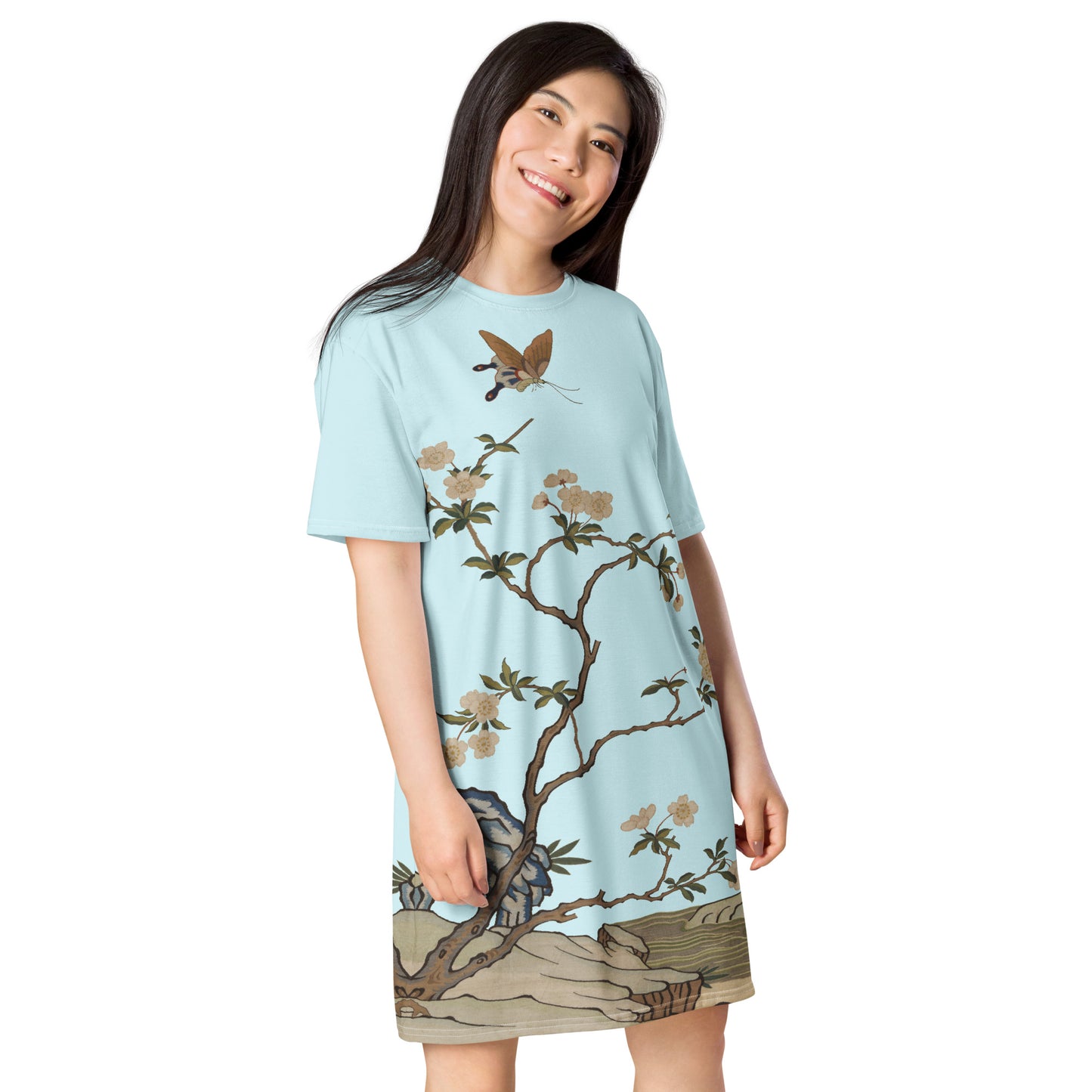 Kesi Flower Album｜Plum Blossoms and Butterfly｜T-shirt dress｜Aqua blue