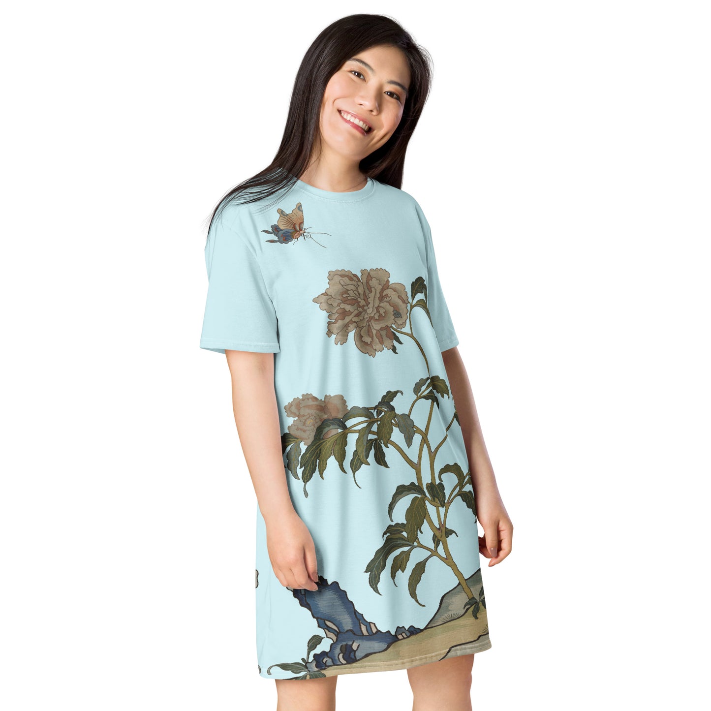 Kesi Flower Album｜Peonies and Butterfly｜T-shirt dress｜Aqua blue