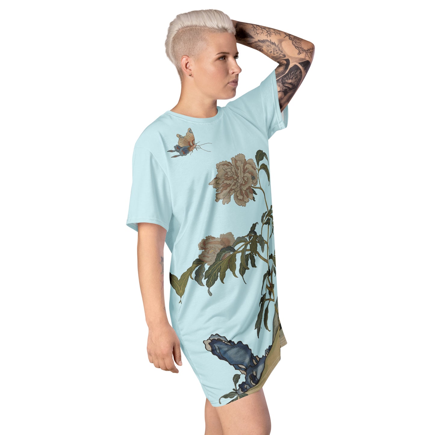 Kesi Flower Album｜Peonies and Butterfly｜T-shirt dress｜Aqua blue