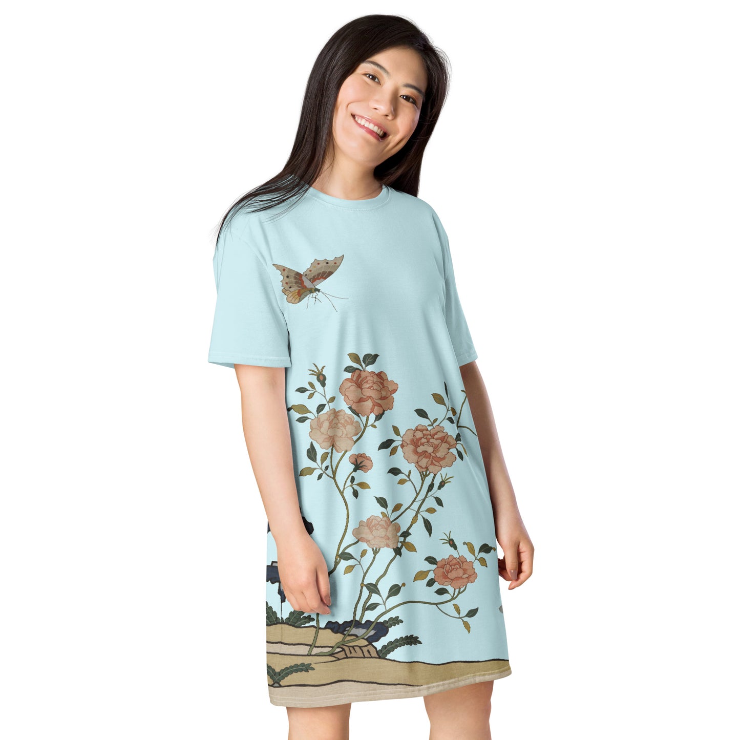 Kesi Flower Album｜Red Roses｜T-shirt dress｜Aqua blue