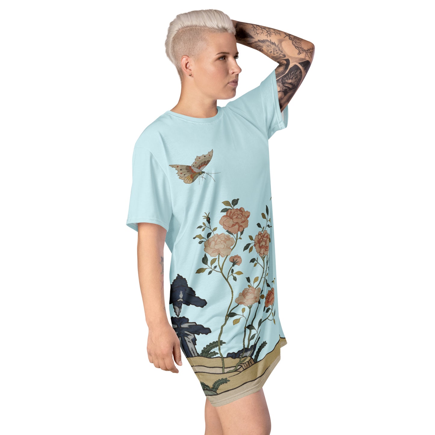 Kesi Flower Album｜Red Roses｜T-shirt dress｜Aqua blue