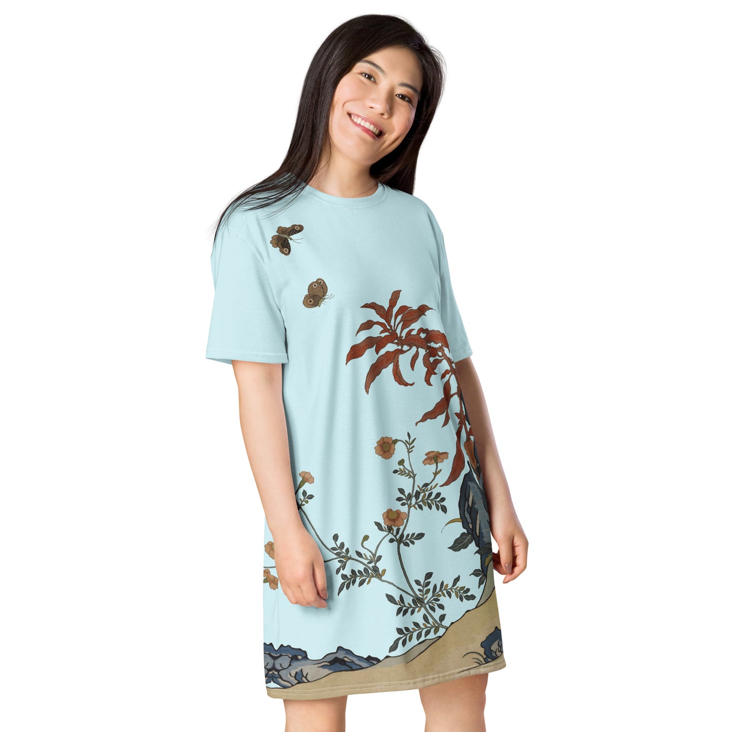 Kesi Flower Album｜Butterflies and Flowers｜T-shirt dress｜Aqua blue