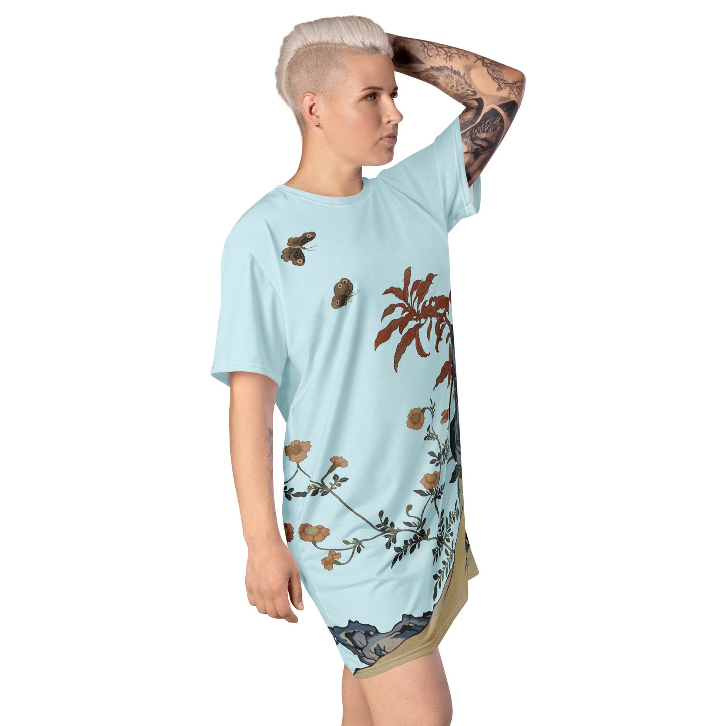 Kesi Flower Album｜Butterflies and Flowers｜T-shirt dress｜Aqua blue