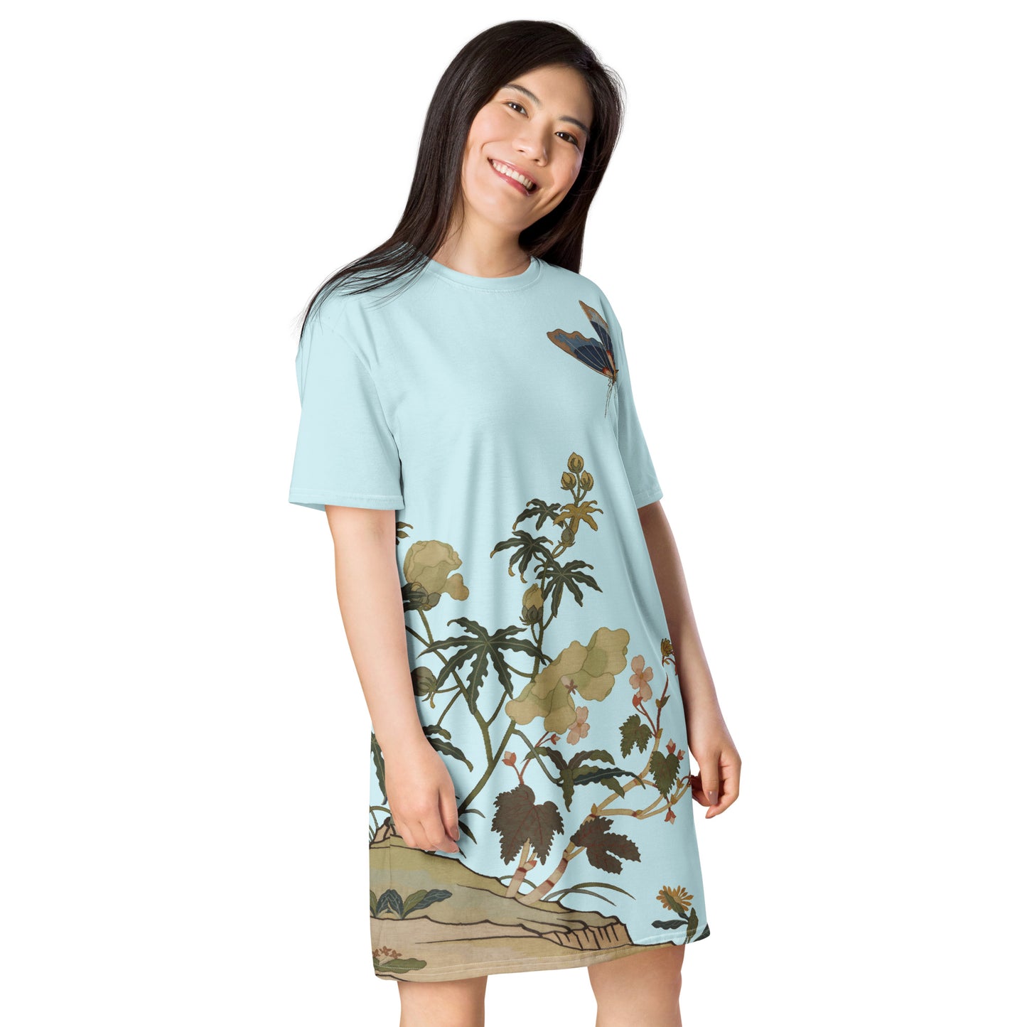 Kesi Flower Album｜Hibiscus and Begonia Blossoms｜T-shirt dress｜Aqua blue