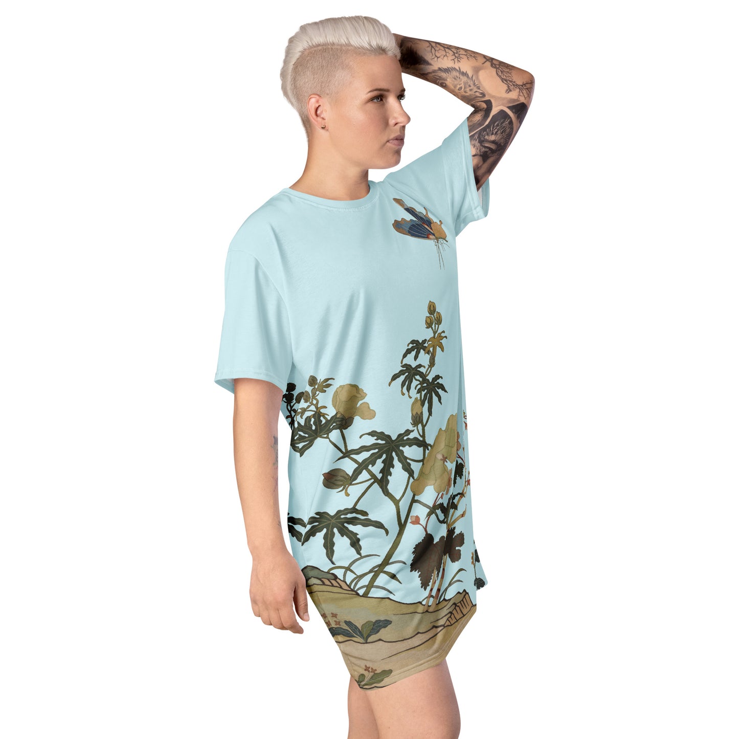 Kesi Flower Album｜Hibiscus and Begonia Blossoms｜T-shirt dress｜Aqua blue