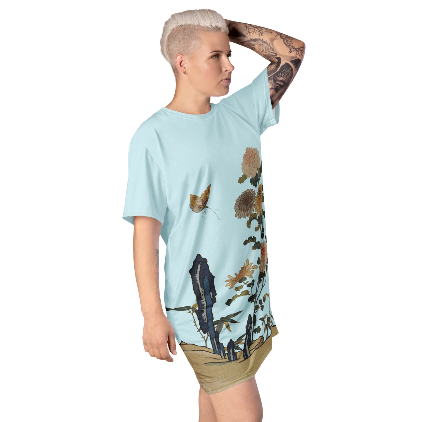 Kesi Flower Album｜Chrysanthemums and Butterflies｜T-shirt dress｜Aqua blue