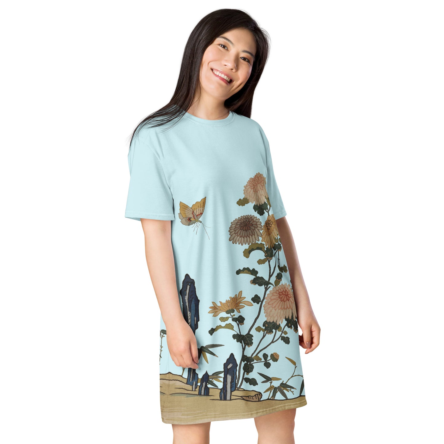 Kesi Flower Album｜Chrysanthemums and Butterflies｜T-shirt dress｜Aqua blue